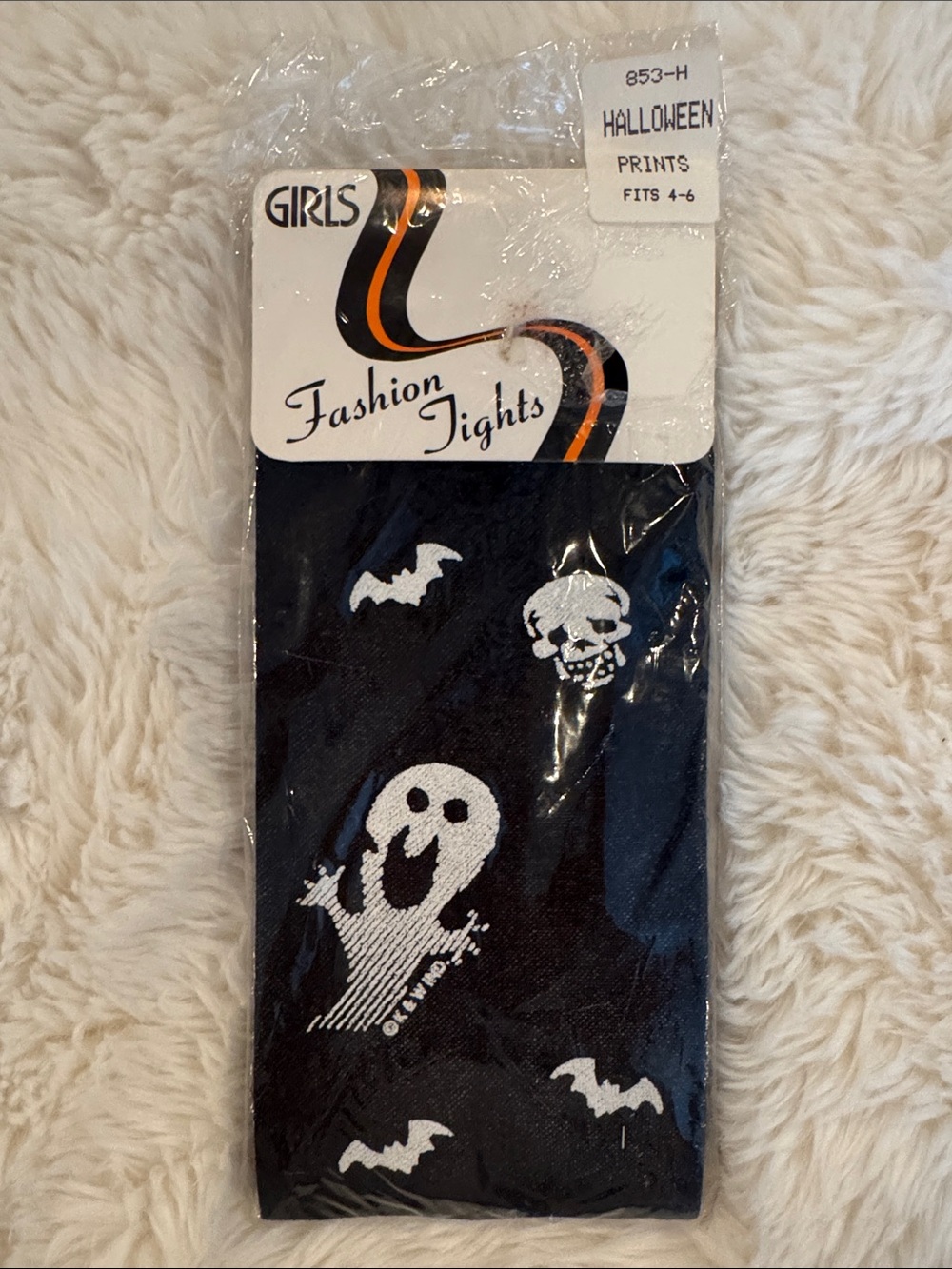 Girls Halloween Ghost Print Tights - Black & White size 4-6